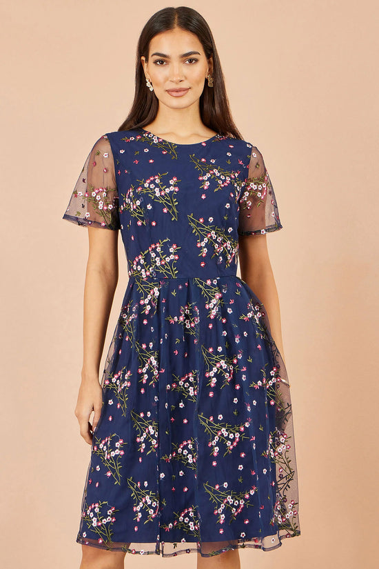 Yumi Women's Navy Floral Embroidered Mesh Midi Occasion Dress | QHA UK - QHA UK