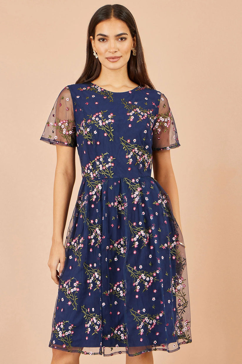 Yumi Women's Navy Floral Embroidered Mesh Midi Occasion Dress | QHA UK - QHA UK
