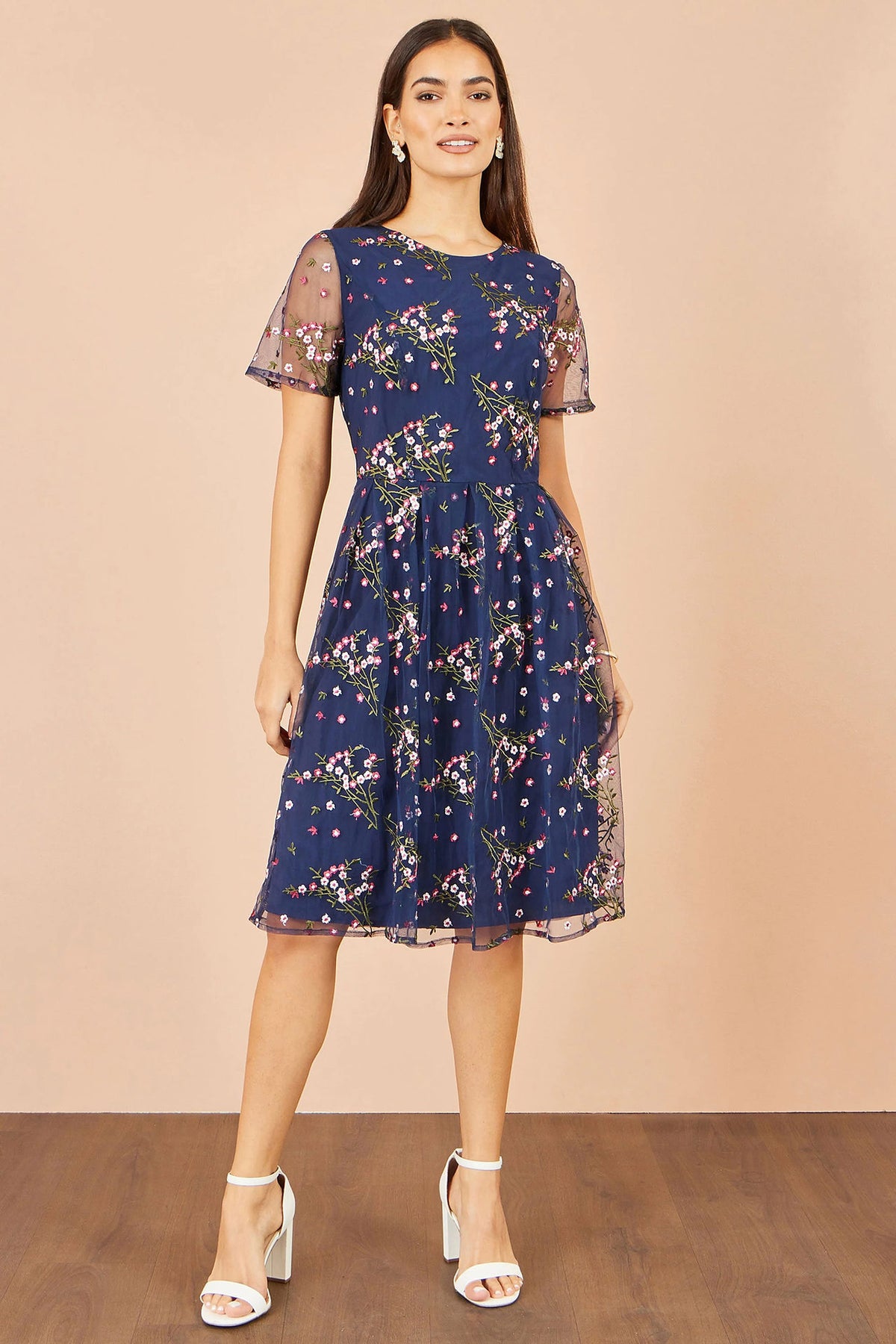 Yumi Women's Navy Floral Embroidered Mesh Midi Occasion Dress | QHA UK - QHA UK