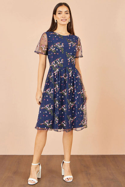 Yumi Women's Navy Floral Embroidered Mesh Midi Occasion Dress | QHA UK - QHA UK