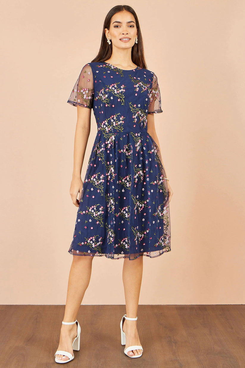 Yumi Women's Navy Floral Embroidered Mesh Midi Occasion Dress | QHA UK - QHA UK
