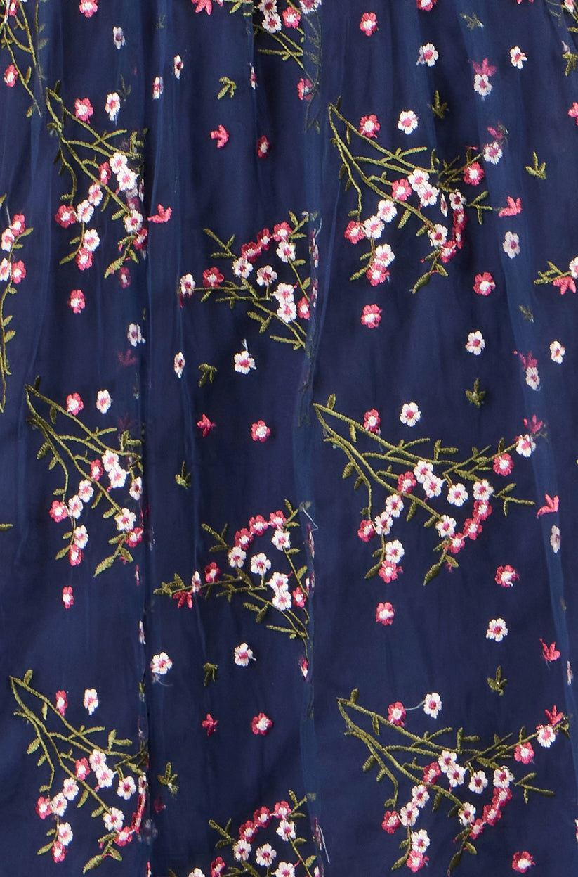 Yumi Women's Navy Floral Embroidered Mesh Midi Occasion Dress | QHA UK - QHA UK