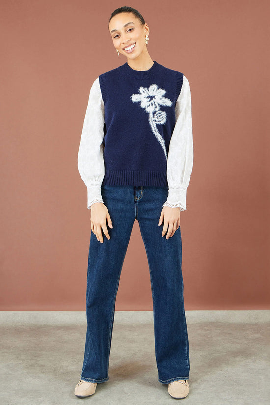 Yumi Women's Navy Brushed Flower Sleeveless Knit Jumper Vest | Sizes XS–XL | QHA UK - QHA UK