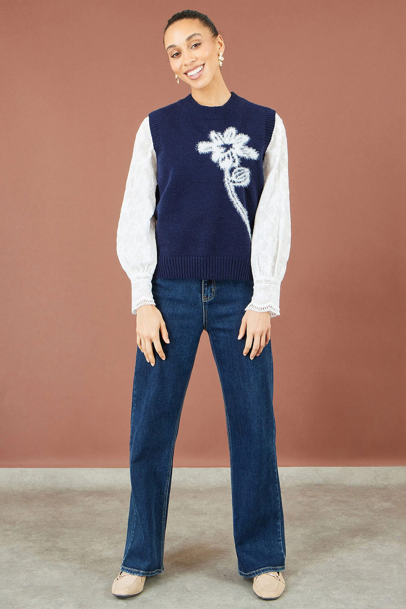 Yumi Women's Navy Brushed Flower Sleeveless Knit Jumper Vest | Sizes XS–XL | QHA UK - QHA UK