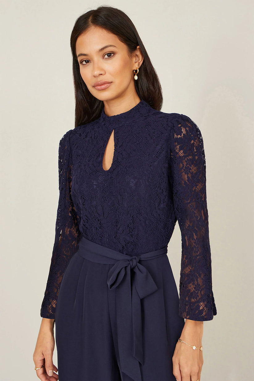 Yumi Navy Lace Applique Jumpsuit | Wide Leg | Wedding | UK 6–18 - QHA UK