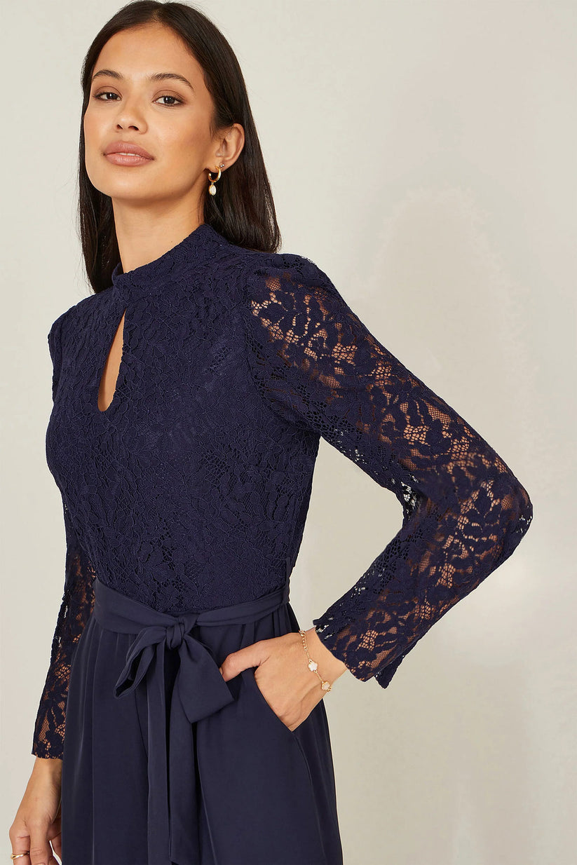 Yumi Navy Lace Applique Jumpsuit | Wide Leg | Wedding | UK 6–18 - QHA UK