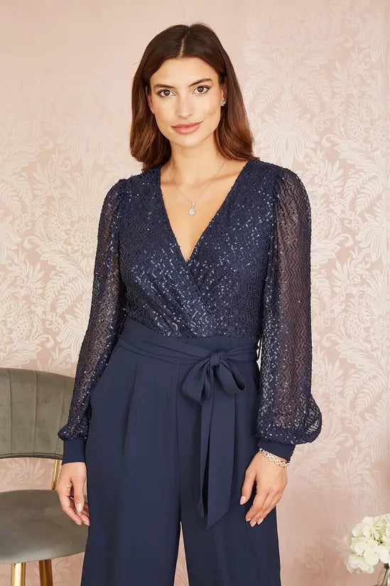 Yumi Navy Sequin Jumpsuit | Long Sleeve | Party | UK Sizes 6–18 - QHA UK