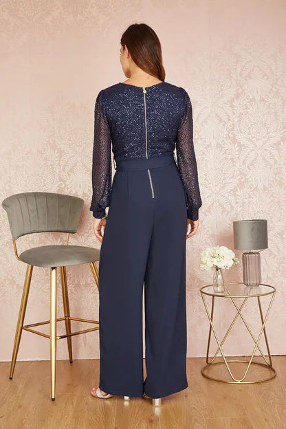 Yumi Navy Sequin Jumpsuit | Long Sleeve | Party | UK Sizes 6–18 - Sleeve Detail - QHA UK