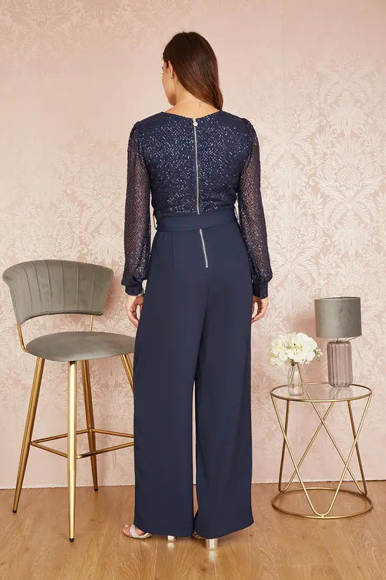 Yumi Navy Sequin Jumpsuit | Long Sleeve | Party | UK Sizes 6–18 - Sleeve Detail - QHA UK