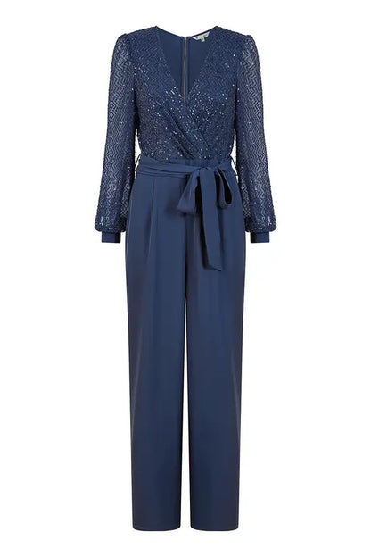 Yumi Navy Sequin Jumpsuit | Long Sleeve | Party | UK Sizes 6–18 - Sleeve Detail - QHA UK