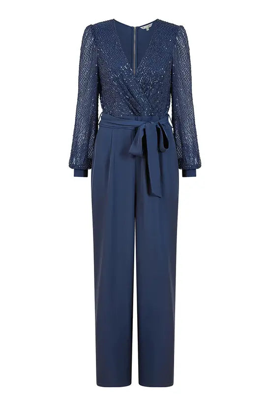 Yumi Navy Sequin Jumpsuit | Long Sleeve | Party | UK Sizes 6–18 - Sleeve Detail - QHA UK