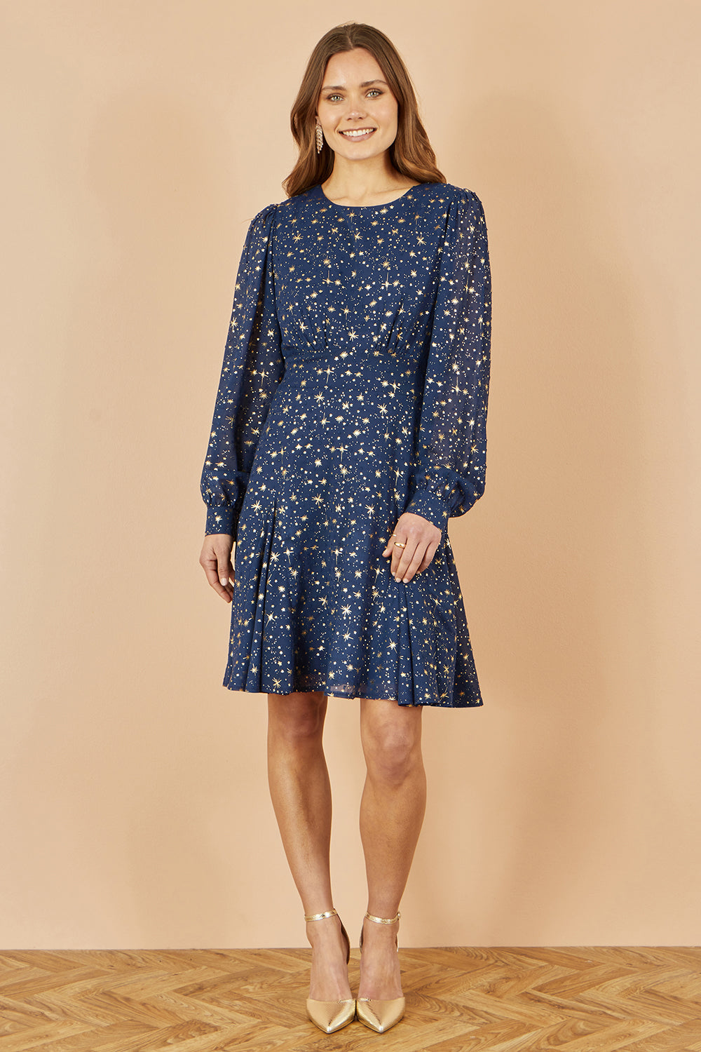Yumi Navy Star Print Foil Dress | Long Sleeve | UK Sizes 6–18 - Pattern Detail - QHA UK