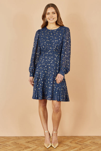 Yumi Navy Star Print Foil Dress | Long Sleeve | UK Sizes 6–18 - Pattern Detail - QHA UK