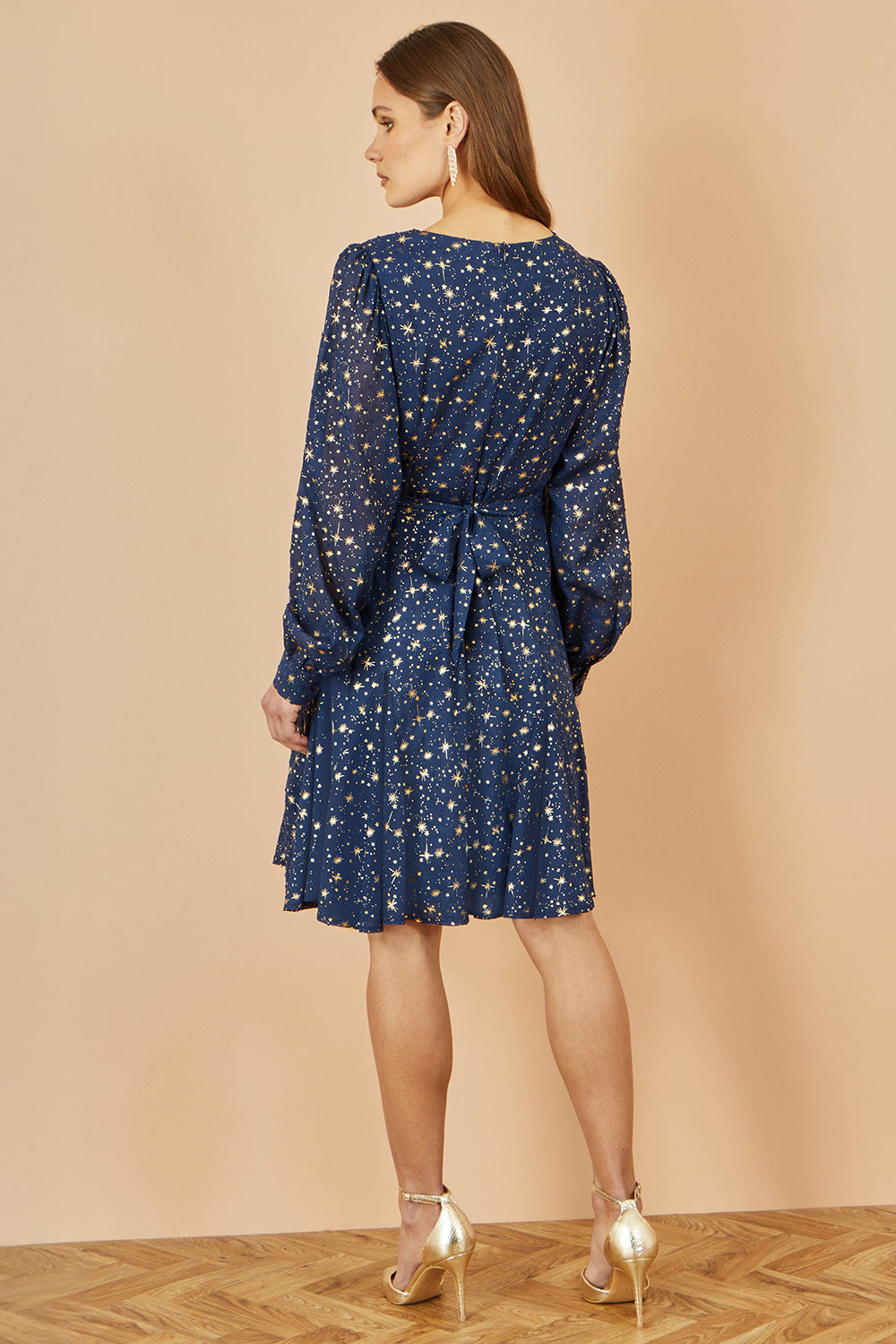 Yumi Navy Star Print Foil Dress | Long Sleeve | UK Sizes 6–18 - Pattern Detail - QHA UK