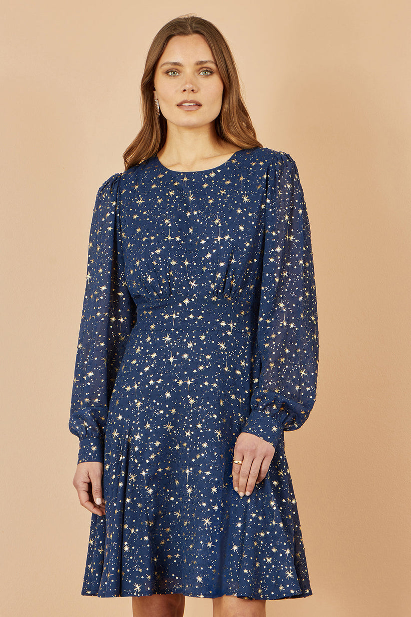 Yumi Navy Star Print Foil Dress | Long Sleeve | UK Sizes 6–18 - Pattern Detail - QHA UK