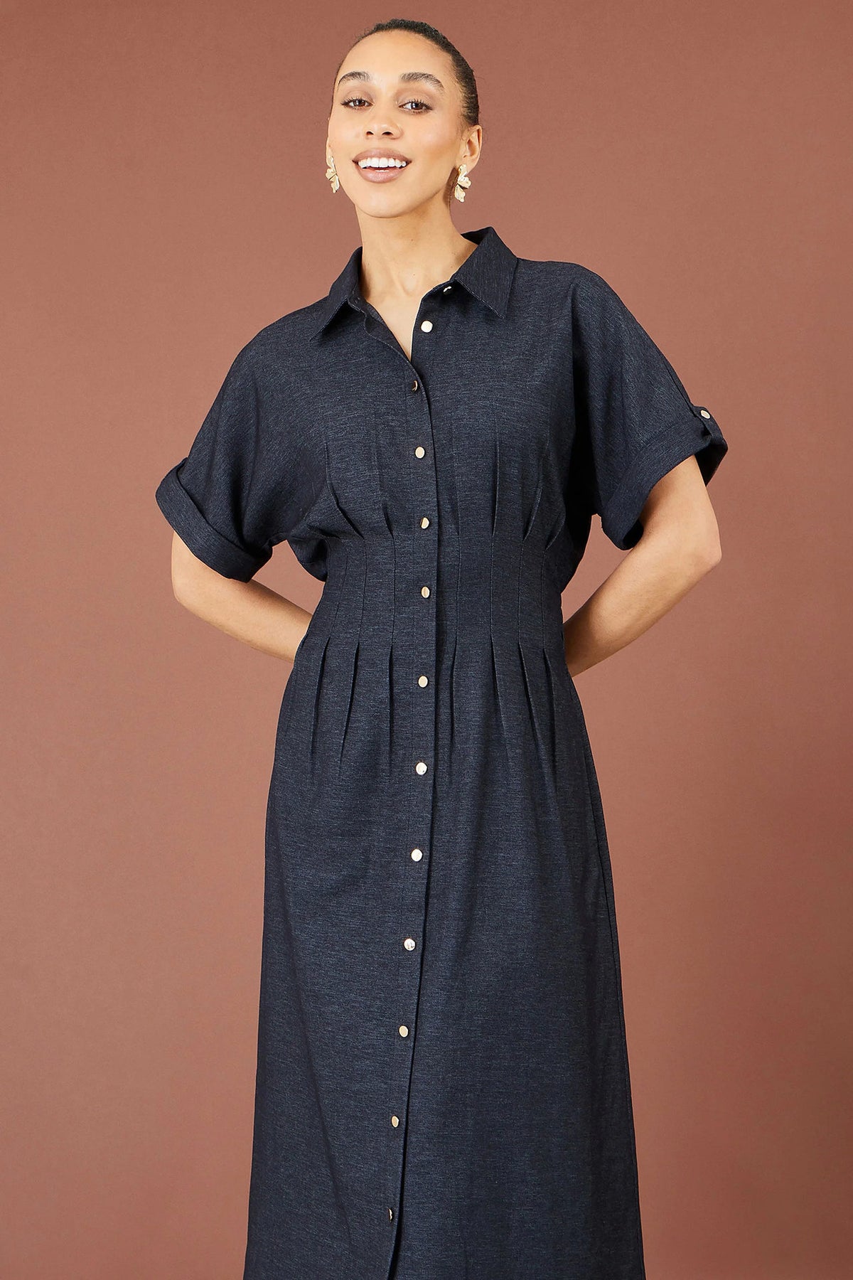 Yumi Women's Blue Pintuck Stretch Fit & Flare Midi Shirt Dress | QHA UK - QHA UK