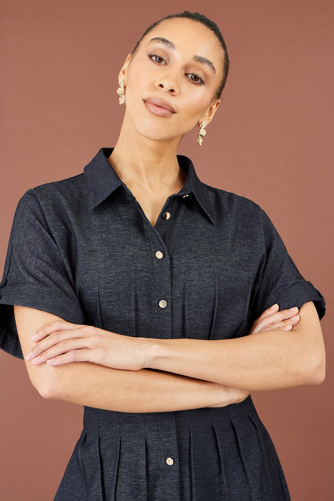 Yumi Women's Blue Pintuck Stretch Fit & Flare Midi Shirt Dress | QHA UK - QHA UK