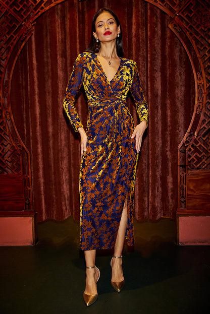Yumi Gold Burnout Velour Wrap Midi Dress | Ruched Waist | UK 6–18 - QHA UK