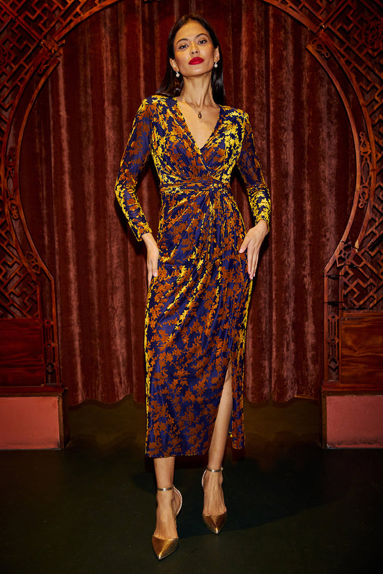 Yumi Gold Burnout Velour Wrap Midi Dress | Ruched Waist | UK 6–18 - QHA UK