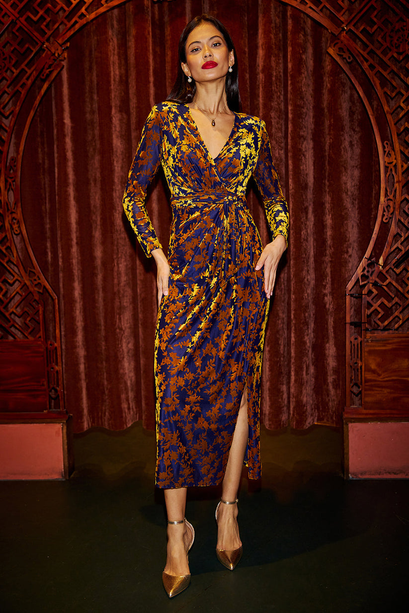 Yumi Gold Burnout Velour Wrap Midi Dress | Ruched Waist | UK 6–18 - QHA UK