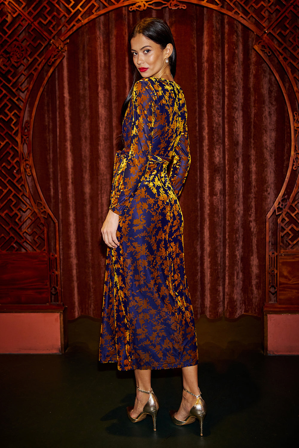 Yumi Gold Burnout Velour Wrap Midi Dress | Ruched Waist | UK 6–18 - Waistband Detail - QHA UK
