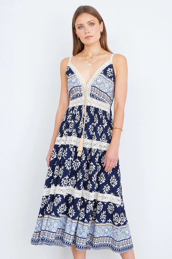 Yumi Women's Navy Boho Crochet Lace Tiered Viscose Midi Dress | QHA UK - QHA UK
