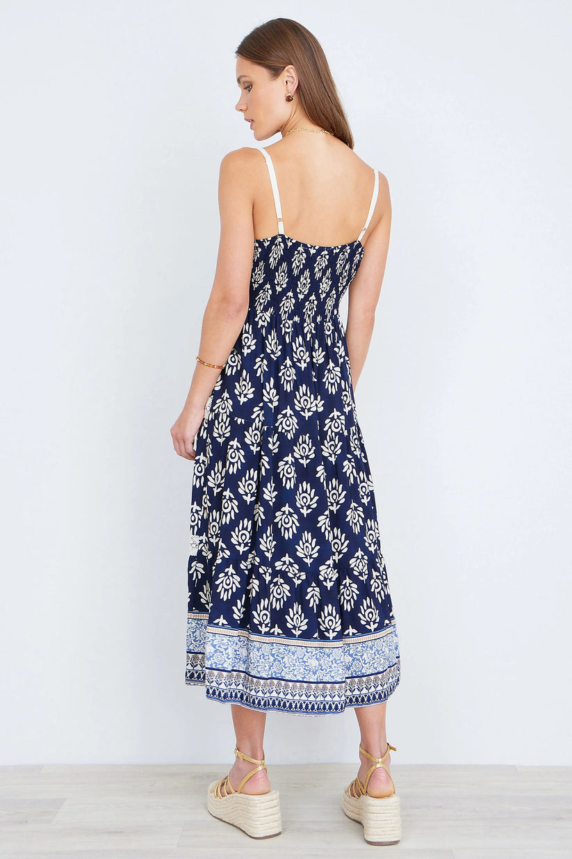 Yumi Women's Navy Boho Crochet Lace Tiered Viscose Midi Dress | QHA UK - QHA UK
