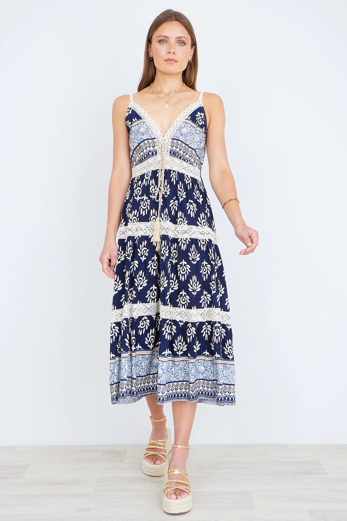 Yumi Women's Navy Boho Crochet Lace Tiered Viscose Midi Dress | QHA UK - QHA UK