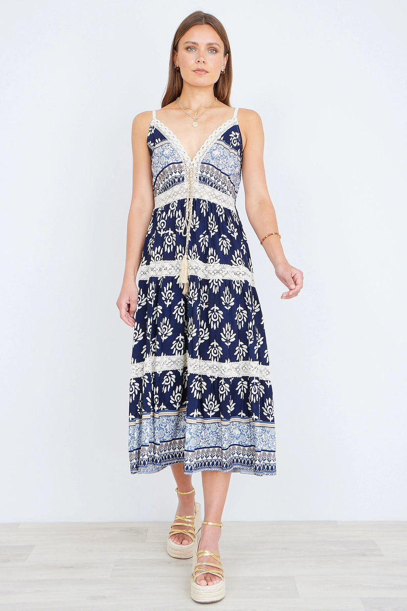 Yumi Women's Navy Boho Crochet Lace Tiered Viscose Midi Dress | QHA UK - QHA UK