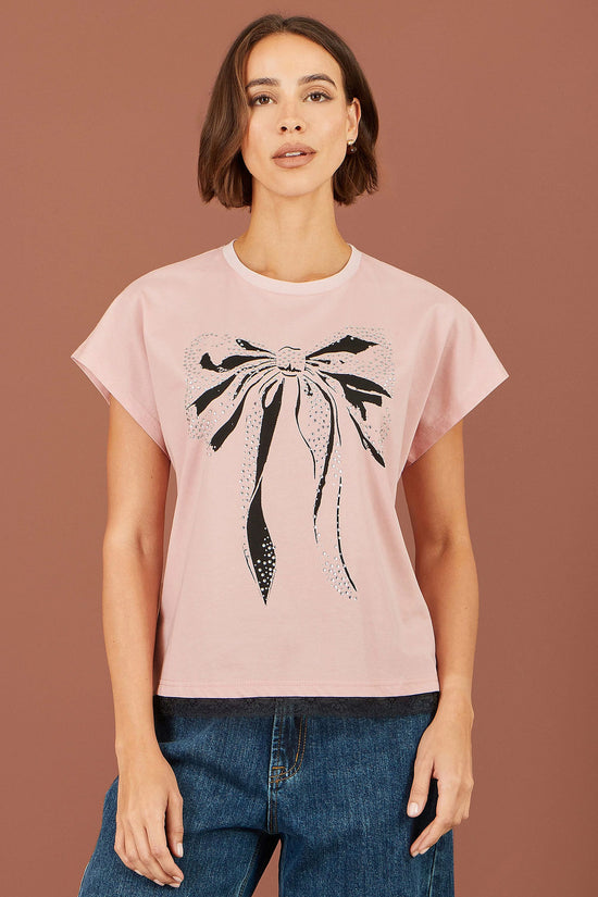 Yumi Women's Blush Pink Bow Print Stud Embellished T-Shirt | Sizes 8–18 | QHA UK - QHA UK