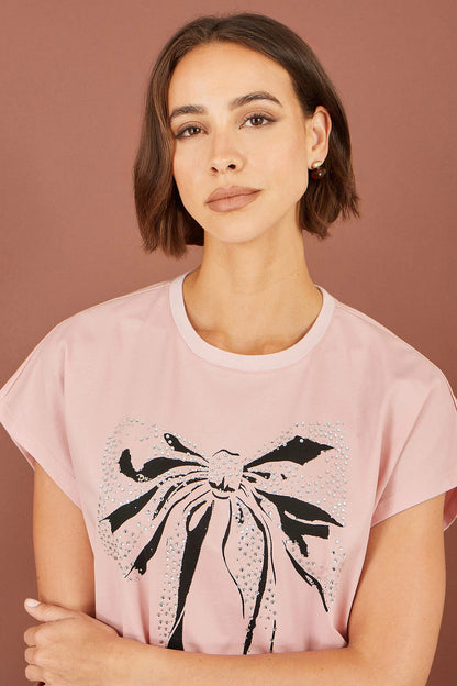 Yumi Women's Blush Pink Bow Print Stud Embellished T-Shirt | Sizes 8–18 | QHA UK - QHA UK