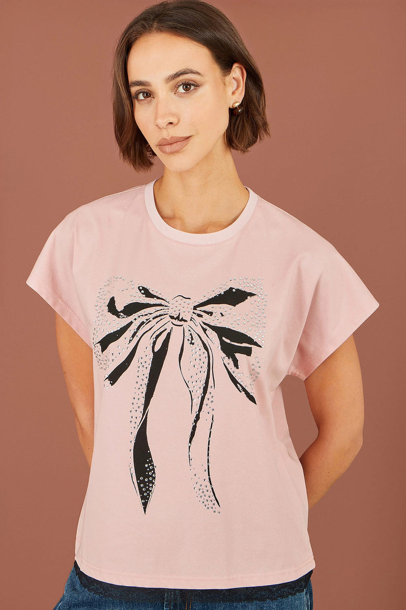 Yumi Women's Blush Pink Bow Print Stud Embellished T-Shirt | Sizes 8–18 | QHA UK - QHA UK