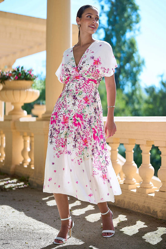 Yumi Pink Floral Kimono Midi Dress | Ruched Waist | UK Sizes 6–18 - QHA UK