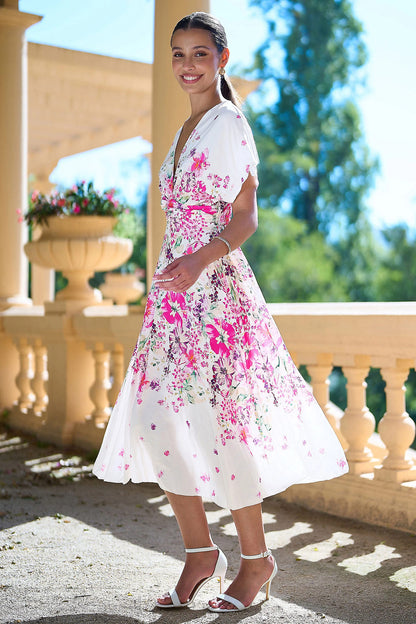 Yumi Pink Floral Kimono Midi Dress | Ruched Waist | UK Sizes 6–18 - Pattern Detail - QHA UK