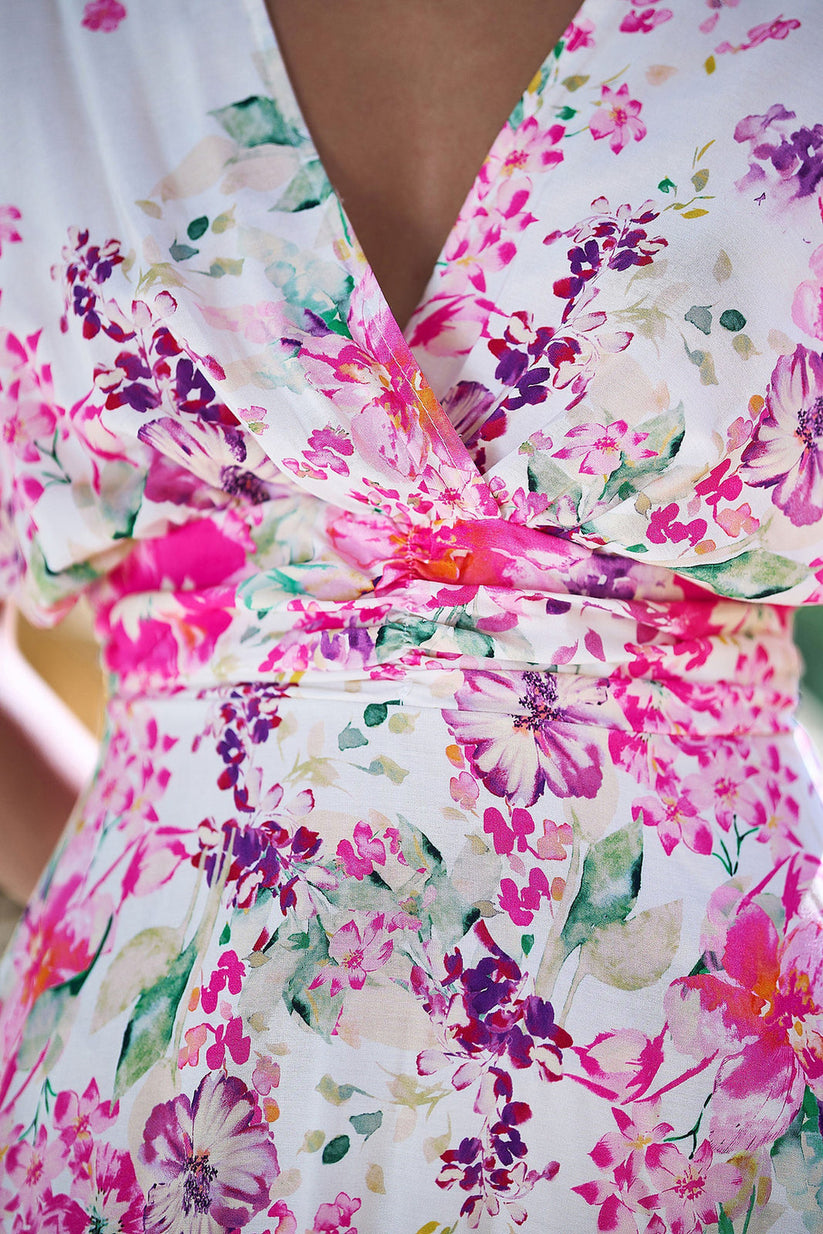 Yumi Pink Floral Kimono Midi Dress | Ruched Waist | UK Sizes 6–18 - Pattern Detail - QHA UK