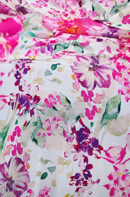 Yumi Pink Floral Kimono Midi Dress | Ruched Waist | UK Sizes 6–18 - Pattern Detail - QHA UK
