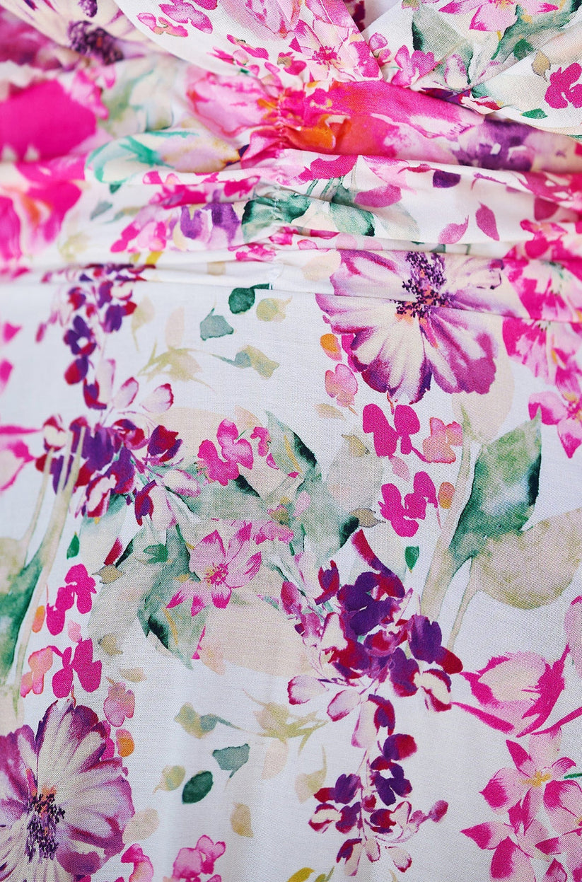 Yumi Pink Floral Kimono Midi Dress | Ruched Waist | UK Sizes 6–18 - Pattern Detail - QHA UK