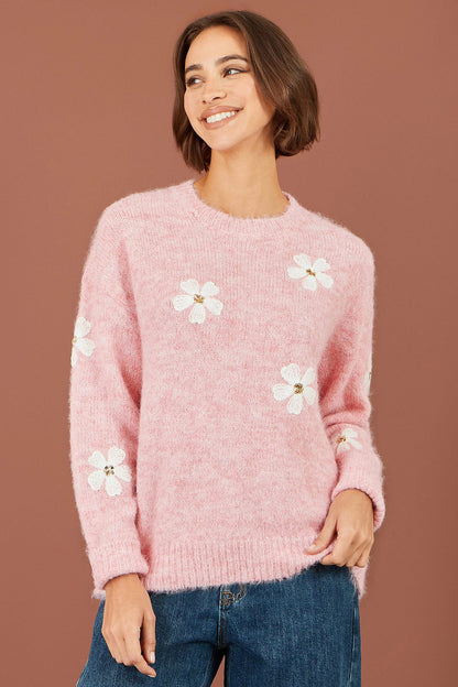 Yumi Women's Pink Relaxed Crochet Flower Sequin Knit Jumper | QHA UK - QHA UK