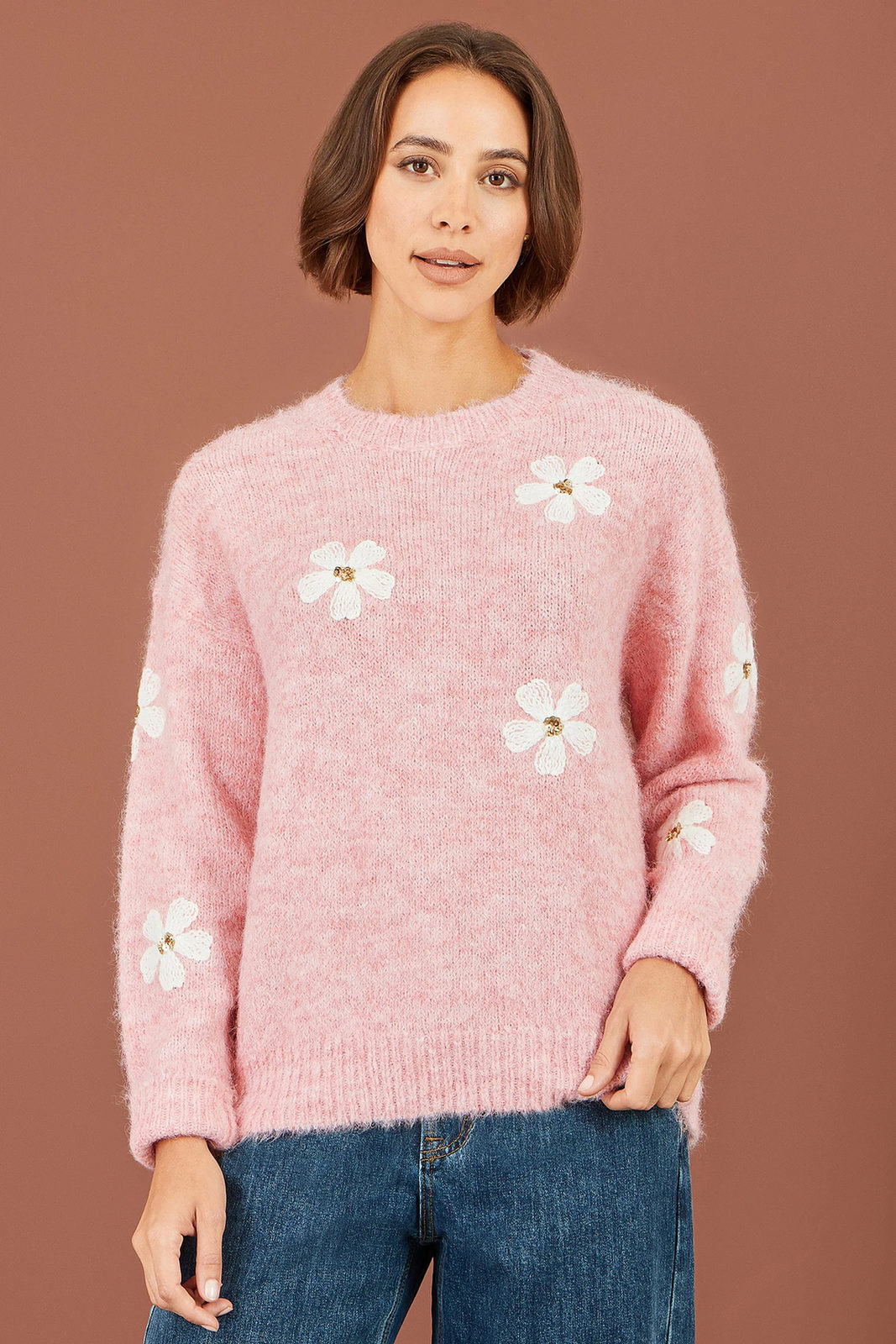 Yumi Women's Pink Relaxed Crochet Flower Sequin Knit Jumper | QHA UK - QHA UK