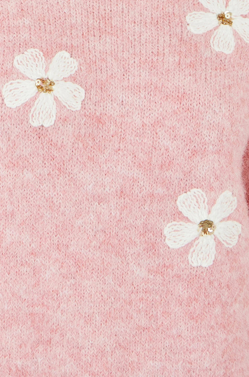 Yumi Women's Pink Relaxed Crochet Flower Sequin Knit Jumper | QHA UK - QHA UK