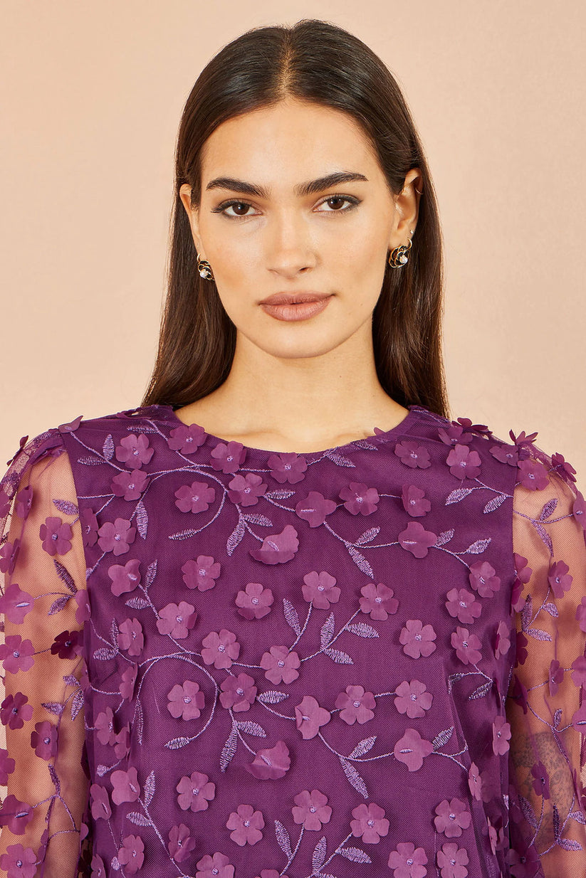 Yumi Women's Plum Floral Applique Sheer Sleeve Top | QHA UK - QHA UK