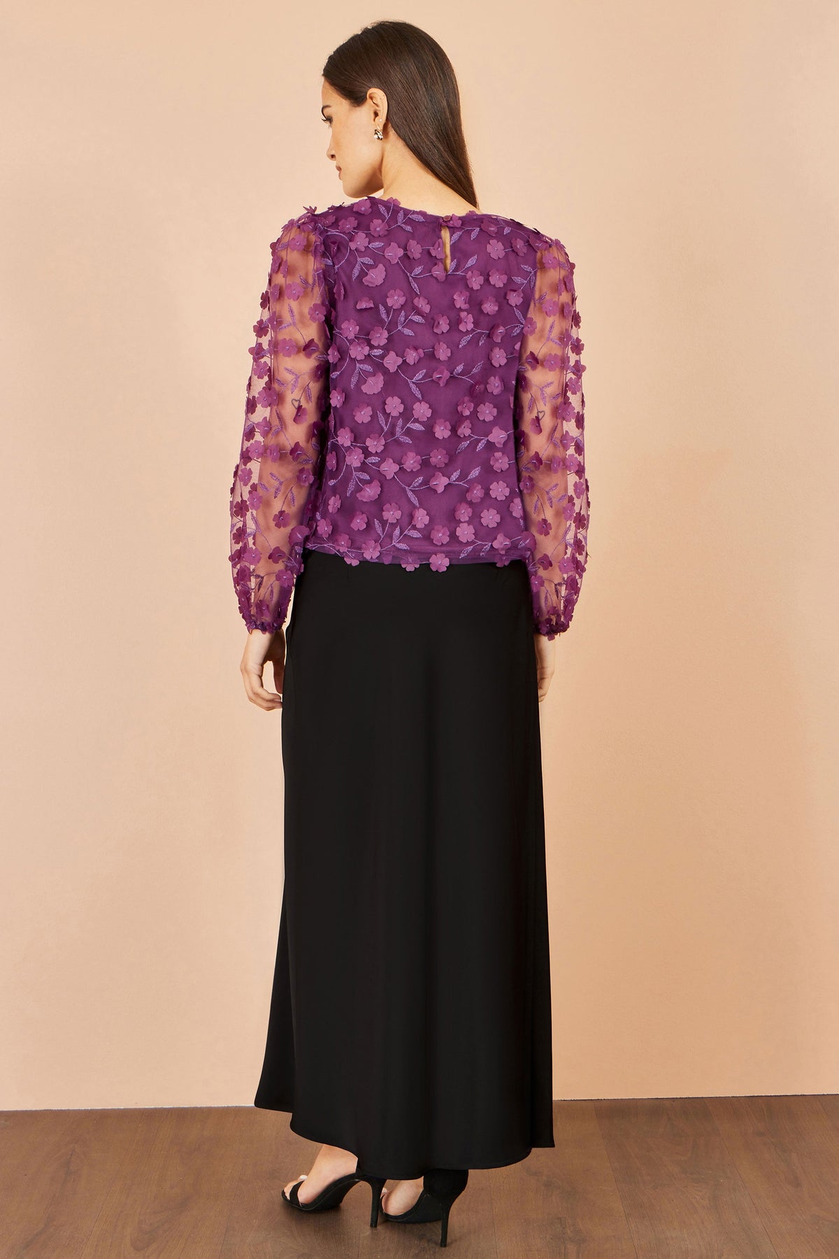 Yumi Women's Plum Floral Applique Sheer Sleeve Top | QHA UK - QHA UK