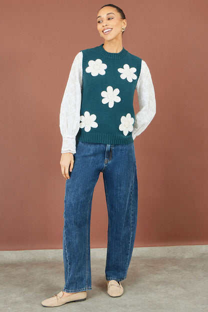 Yumi Women's Teal Flower Appliqué Beaded Knit Tank Top | QHA UK - QHA UK