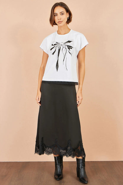 Yumi Women's White Bow Print Stud Embellished T-Shirt | Sizes 8–18 | QHA UK - Pattern Detail - QHA UK
