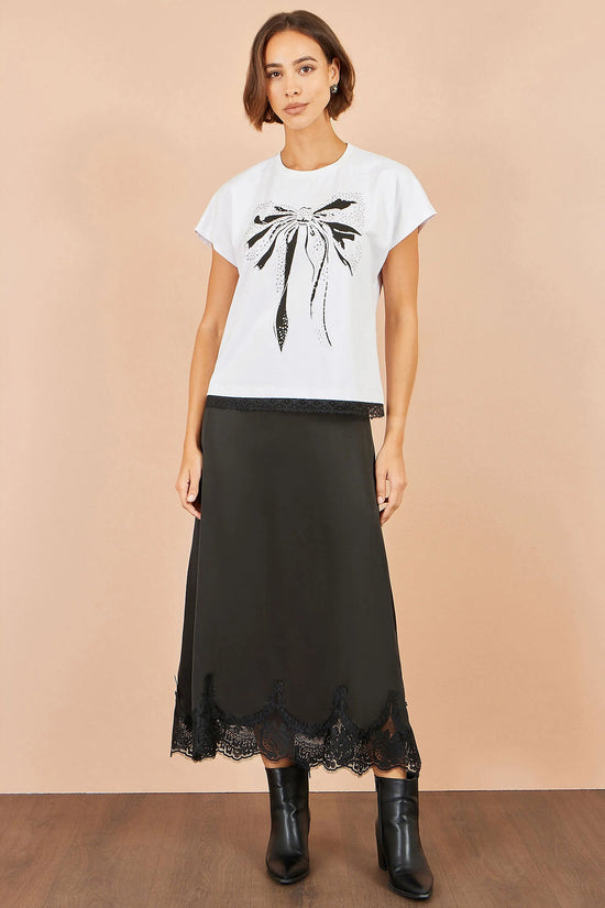 Yumi Women's White Bow Print Stud Embellished T-Shirt | Sizes 8–18 | QHA UK - Pattern Detail - QHA UK
