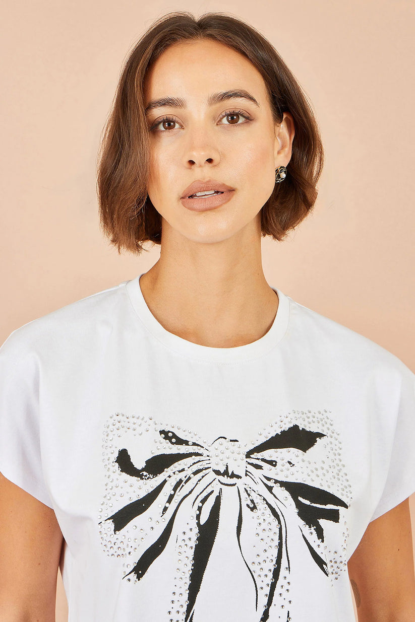 Yumi Women's White Bow Print Stud Embellished T-Shirt | Sizes 8–18 | QHA UK - Pattern Detail - QHA UK
