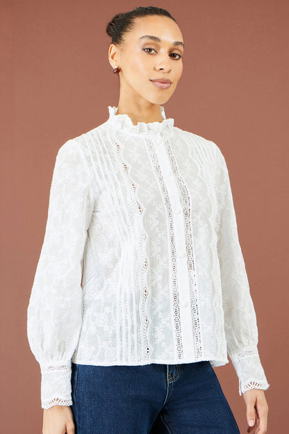 Yumi Women's White Floral Embroidered Cotton Blouse Lace Detail | QHA UK - QHA UK