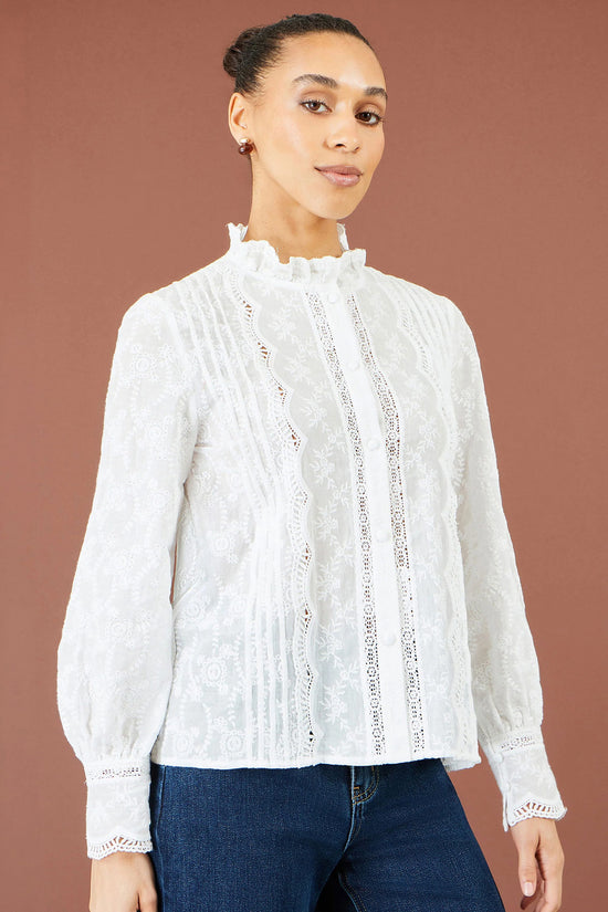 Yumi Women's White Floral Embroidered Cotton Blouse Lace Detail | QHA UK - QHA UK