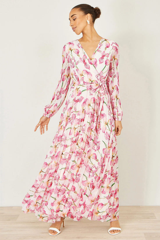 Yumi Ivory Floral Wrap Maxi Dress | Pleated | Wedding | UK 6–18 - QHA UK