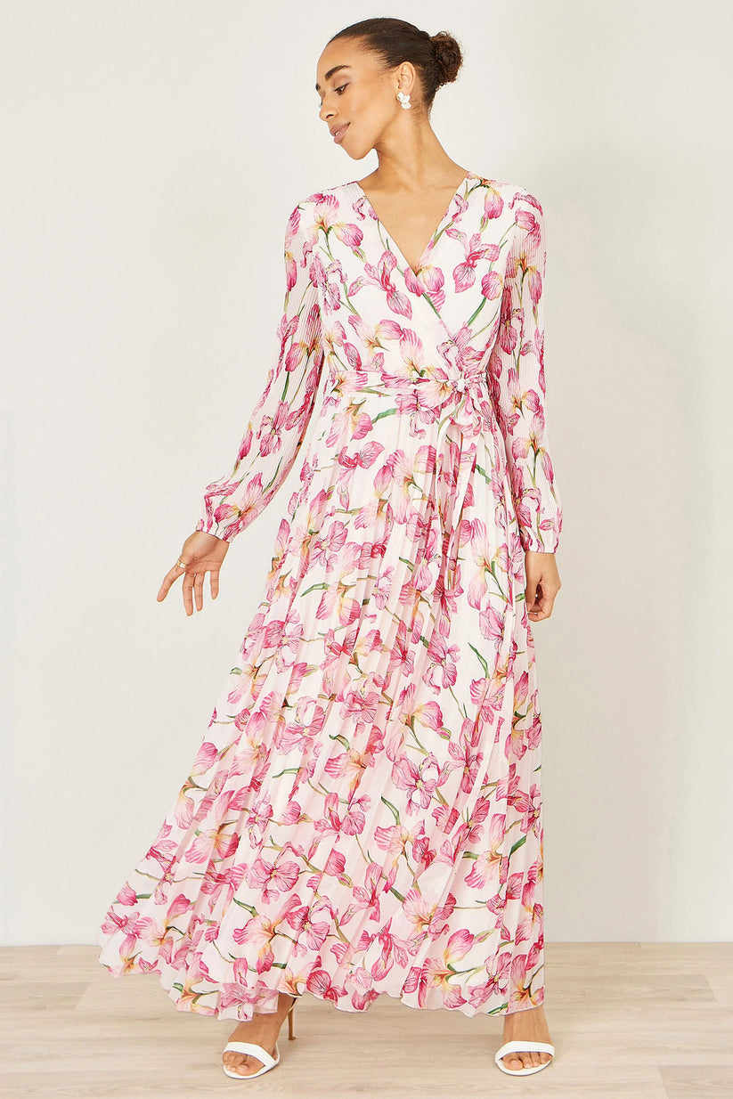 Yumi Ivory Floral Wrap Maxi Dress | Pleated | Wedding | UK 6–18 - QHA UK